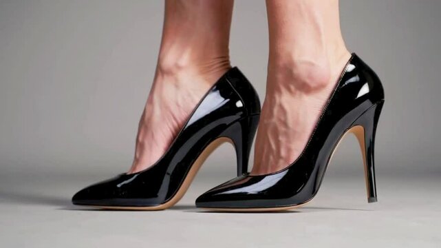 4K Studio UHD Video of a Woman Wearing a Pair of Black Leather High Heels