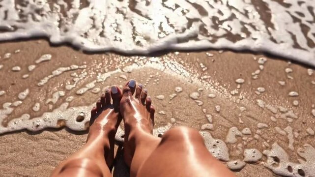 4K UHD POV of Feet in the Sand With Approaching Waves on a Sunny Day
