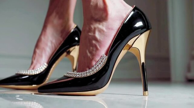 Close-Up of a Woman's Black, Gold, and Diamond Encrusted High Heels