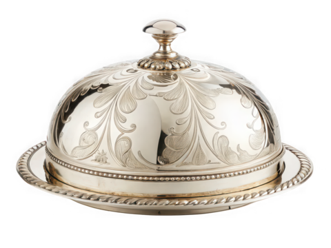 Elegant silver plated cloche with ornate engraved floral design, perfect for serving dishes.