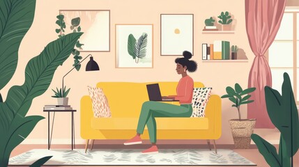 Woman working from home on a yellow couch surrounded by plants.