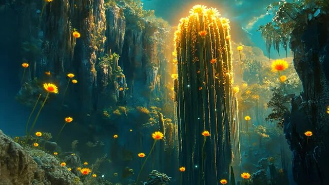 Fantastical Canyon with Radiant Flowers