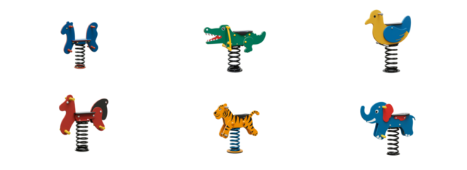 Set of colorful spring-mounted animal riders for children in playground setting  