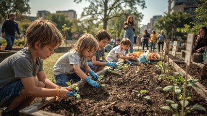 Children Planting Seedlings in Community Garden on Sunny Day
