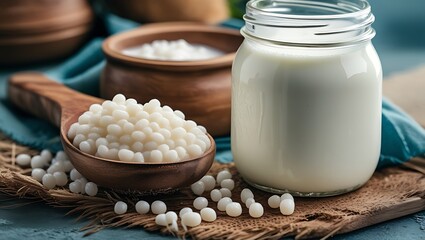 Milk kefir grains on wooden spoon and jar of kefir created with generative ai	