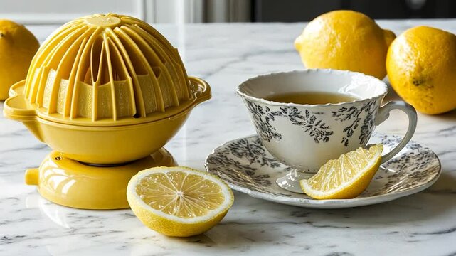 Yellow citrus juicer, teacup, and lemons on marble
