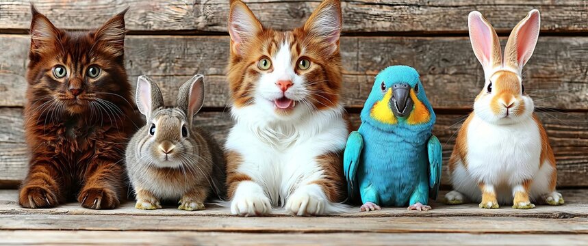 dog and cat and parrot and rabbit and hamster on white background , isolated on white background,  , copy space, copy space for text,