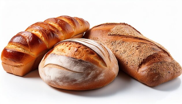 freshly baked artisan bread assortment on white background
