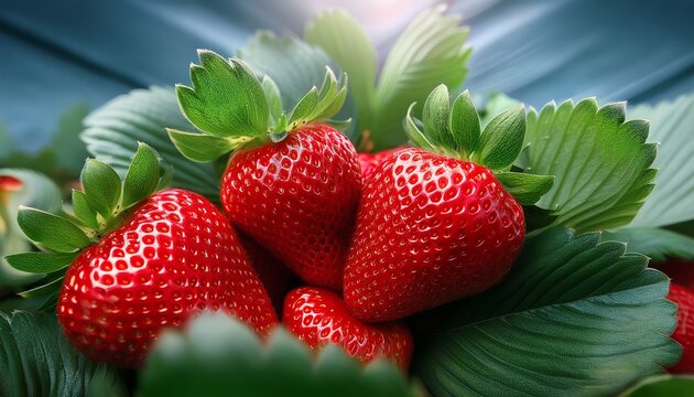 fresh juicy strawberries with vibrant green leaves displaying delicious red fruit texture for healthy eating and natural sweetness