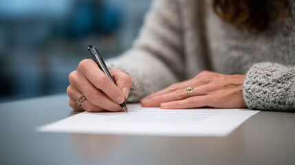 Female entrepreneur writing business plan notes during strategic planning session