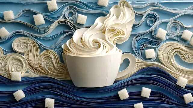 Paper-crafted cup of coffee amidst swirling blue and beige waves, accented by sugar cubes
