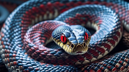 Obraz premium Coiled Snake Close-up with Red Eyes and Blue Scale Detail created with generative ai 