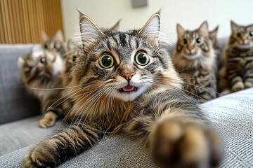 Cats taking a selfie on a blurred background. A group funny cats, Generative AI , isolated on white background,  , copy space, copy space for text,