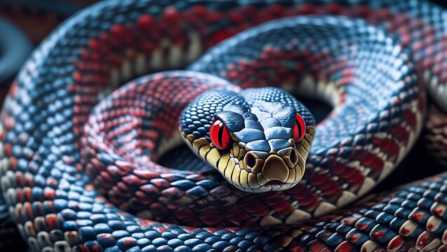 Coiled Snake Close-up with Red Eyes and Blue Scale Detail created with generative ai	