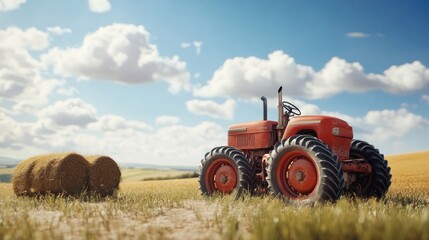 Naklejka premium Vintage tractor on a wheat field with hay bales under a cloudy sky