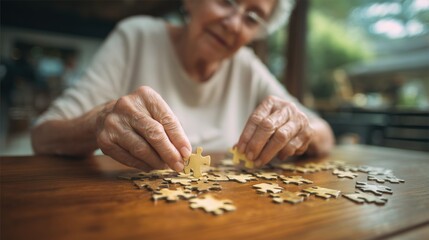 Senior woman engaging in puzzle-solving on wooden table for cognitive health, promoting dementia prevention. Soft natural light, intimate setting with shallow depth of field
