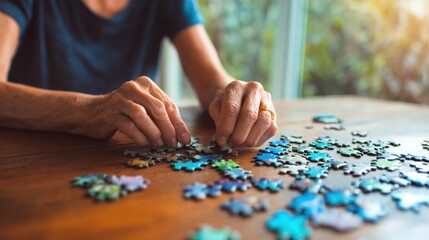 Senior woman engaging in puzzle-solving on wooden table for cognitive health, promoting dementia prevention. Soft natural light, intimate setting with shallow depth of field