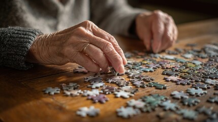 Senior woman engaging in puzzle-solving on wooden table for cognitive health, promoting dementia prevention. Soft natural light, intimate setting with shallow depth of field