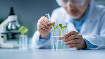 Botanical scientist analyzing green plant samples for environmental innovation research