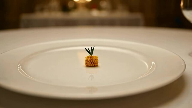 Single, miniature corn dish on a pristine white plate, set against a blurred upscale dining background