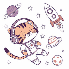 Playful Grumpy Tiger design, styled with wearing headphones and Cosmic Pastels shades in a Space explorer setting