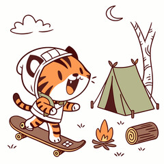 Vector illustration of a Joyful Tiger with riding a skateboard, styled in a Camping trip theme using Campfire Glow colors