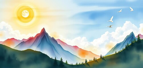 Fototapeta premium Modern mountain watercolor landscape with sun, birds, clouds, and brush texture , brush, wallpaper
