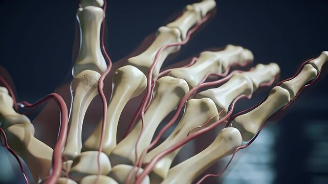 Detailed Hand Anatomy 3D Animation Featuring Bones and Arteries on Dark Blurred Backdrop Close Up Medical Visualization