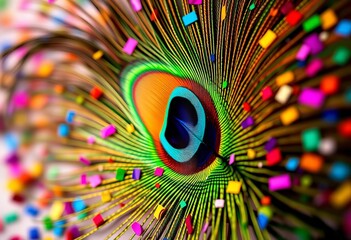 Vibrant peacock feather wallpaper with colorful confetti, carnivalesque ,  whimsical,  exotic