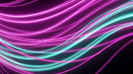 Abstract neon glowing lines in pink and turquoise create a dynamic waves pattern on a black background, vibrant colorful backdrop. - Powered by Adobe