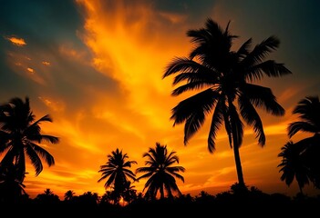 Obraz premium Vibrant Guinea sunset, silhouetted palm trees against fiery sky, sunset, ocean