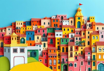 Vibrant paper-cut style vector illustration of a colorful Spanish cityscape featuring intricate building details and textures, perspective, layered paper