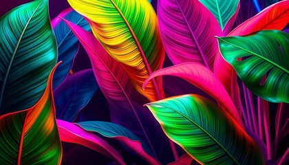 Vibrant neon tropical leaves, abstract design, monstera, botanical