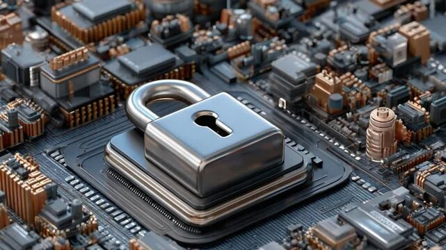 Cybersecurity Safeguard: A polished padlock, symbolizing robust protection and data security, sits atop a computer chip, a visual metaphor for digital safety in the modern age.