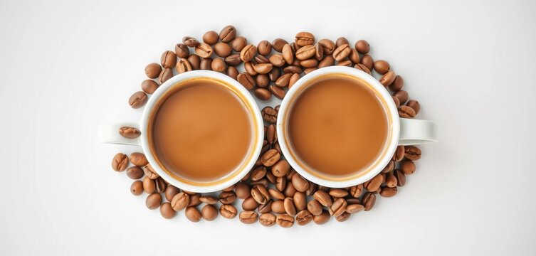 Two coffee cups and coffee beans form a smiling face,  morning,  brown