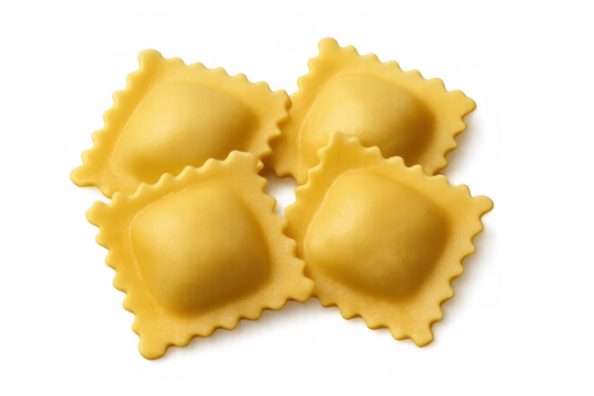 Uncooked ravioli displaying delicate pasta edges and rounded contours, positioned against clear background with culinary allure