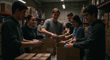 Young Volunteers Packing Food Boxes in a Warehouse: A Community Service Initiative
