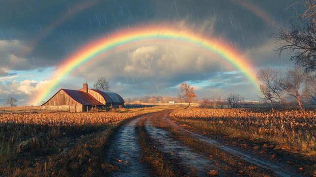 Rural charm, A rainbow arches over a farmhouse after a brief autumn shower