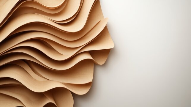 Close-up of layered brown paper sheets with wavy textures on white background for design or packaging concept