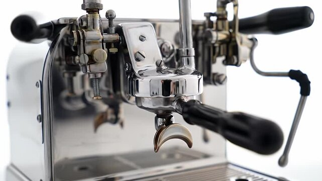 Close Up of Vintage Espresso Machine with Chrome Detailing on White Background Perfect for Coffee Enthusiasts and Retro Design Projects