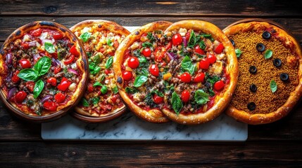 Four Different Pizzas On A Wooden Table