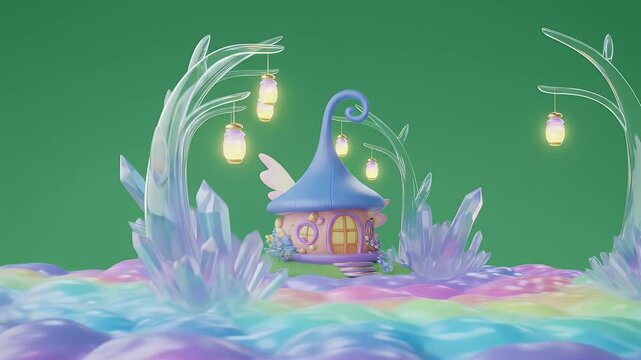 Magical Fairy House on Rainbow Cloud with Crystal Trees and Glowing Lanterns in 3D Render Isolated on Green Screen for Game Assets and Animation