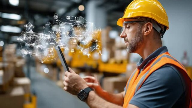 Digital Blueprint: A diligent engineer, immersed in a futuristic environment, utilizes advanced technology on a tablet, as digital schematics coalesce around him, symbolizing innovation. - Powered by Adobe