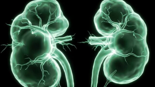 Detailed 3D Medical Visualization of Glowing Human Kidneys Anatomy on a Black Background for Educational Healthcare and Research Purposes