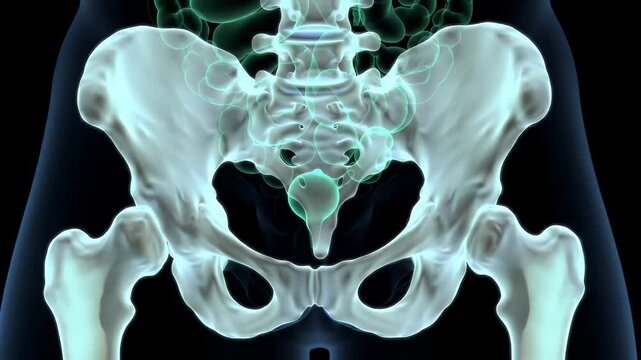 Detailed 3D Medical Visualization of the Human Pelvis Anatomy Featuring Skeletal Structure and Internal Organs on Dark Background