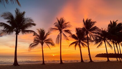 Obraz premium row of palm trees on the beach against orange sunset sky tropical nature background horizontal banner