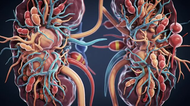 Detailed Kidney Anatomy Animation Showing Nephrons and Tubules in Orange Red and Blue