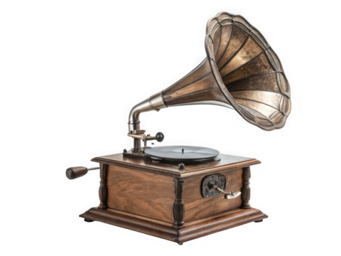 Antique gramophone with large horn, wooden cabinet, vintage music player