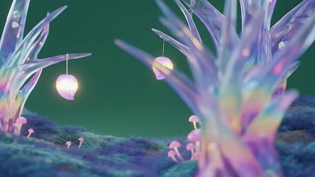 Magical Forest with Iridescent Crystal Trees and Glowing Leaf Lanterns on Blue Grassy Landscape with Pink Mushrooms in Green Background