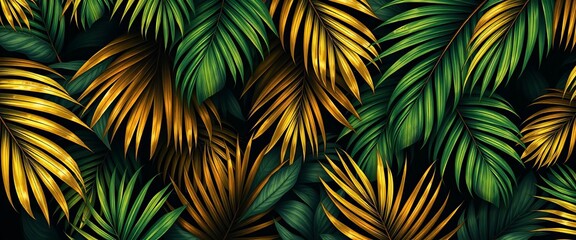 Dark gold & green vintage palm leaves, lush tropical exotic seamless pattern,  pattern,  nature